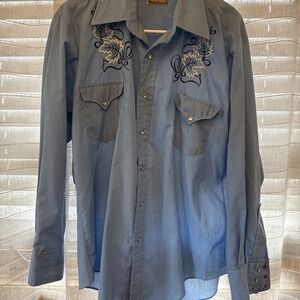 JC Penny Vintage Western Apparel Pearl Snap Flower Embroidered Size 16 1/2-34